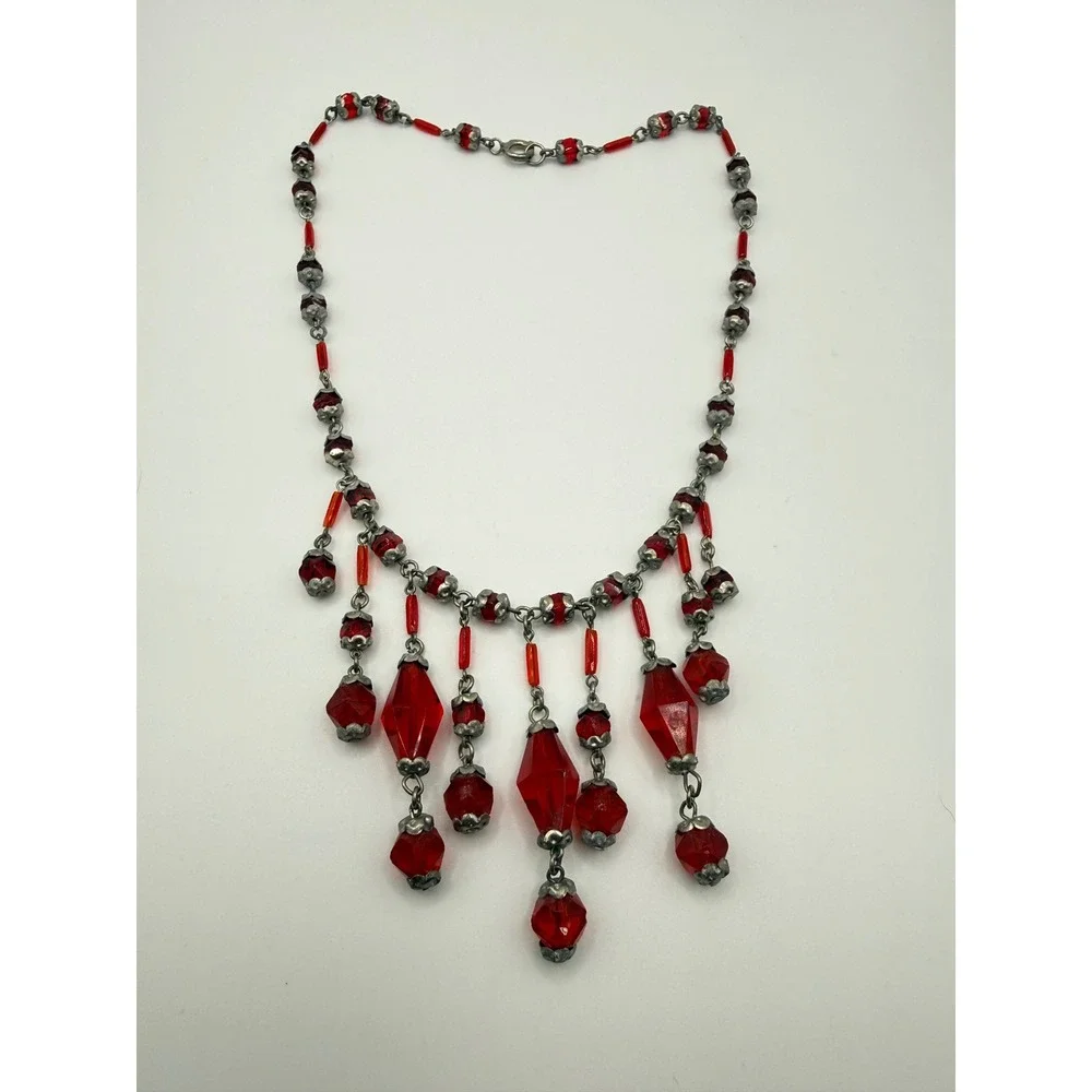 Vintage Red Glass‎ Fringe Bib Necklace Silver Tone Beaded Art Deco